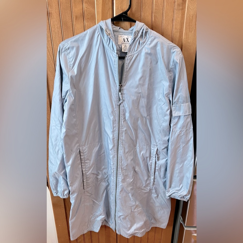 Armani Exchange light blue, light raincoat with hood. Excellent condition, sz M